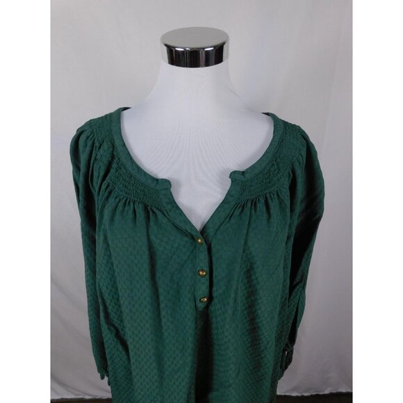 Dressbarn Shirt Womens 3X Green Smocked Henley Peasant Boho Rayon Long Sleeve - Picture 2 of 12